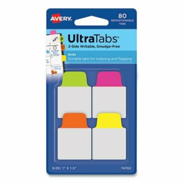 Avery Dennison Avery, ULTRA TABS REPOSITIONABLE MINI TABS, 1/5-CUT TABS, ASSORTED NEON, 1in WIDE, 80PK 74762